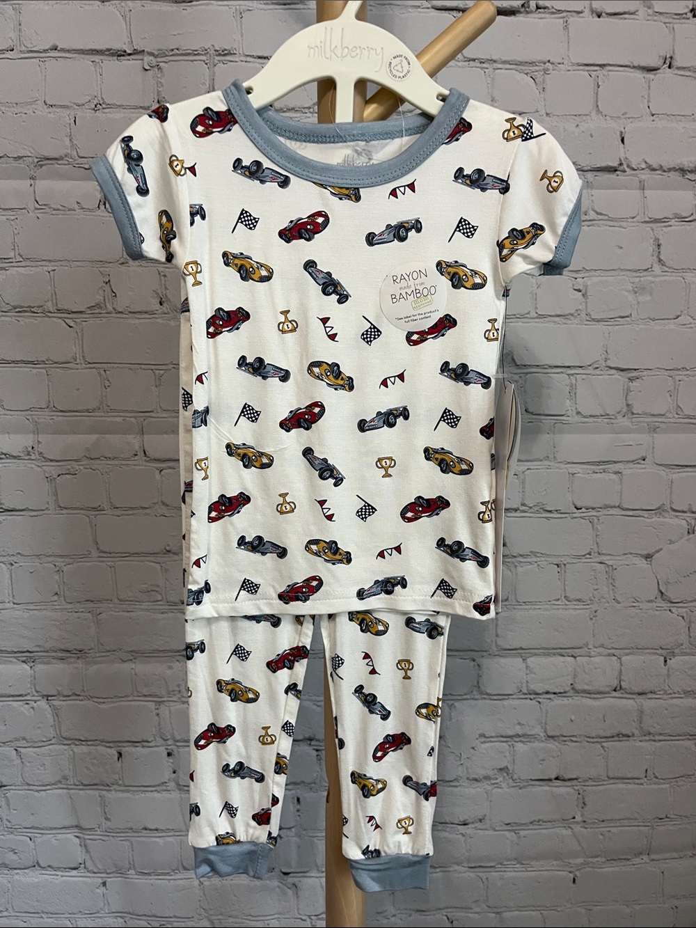 NEW Milkberry Kids White Racing Car Bamboo Pajama Set